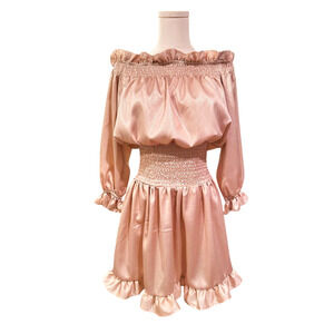 ASOS Rose Pink Gold Metallic Off Shoulder Smocked Waist Mini Dress Size 6